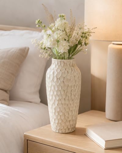 12.4 Inch Large Yellow Textured Ceramic Tall Vase for Rustic Home Decor | For dried flowers and pampas grass on tables, shelves and living room displays