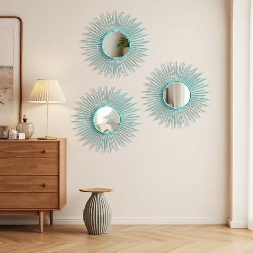 3 Pack Metal Mirrors for Wall Sunburst Wall Mirrors Home Décor Decorative Hanging Wall Art for Living Room Bedroom Entryway (Greenish Blue, Sunburst)