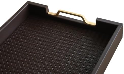 HofferRuffer Faux Leather Rectangle Serving Tray Decor Platter with Gold Metal Handles for Coffee Table, Breakfast, Tea, Food, Countertop, Kitchen, Butler Tray, 16.2 x 12.2 x 2 inches (Coffee)