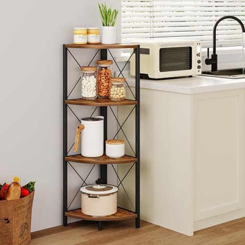Snughome Rustic Corner Shelf Stand for Desktop, 4 Tier Corner Storage Plant Shelf, Freestanding Corner Shelf Display Rack, Multi-Unit Organizer for Living Room, Home Office, Small Space,Rustic Brown