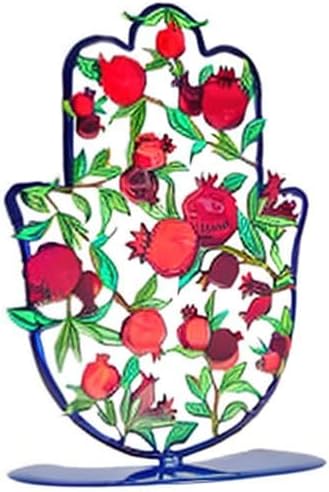 EMANUEL Yair Small Standing Hamsa Hand Amulet 4 inch | Colorful Good Luck Charm | Hamsah Stand Home Blessing | Judaica Art Gift (Red Pomegranates SHG-17)