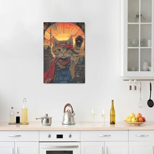 Crekviy Funny Cat Decor Wall Art Superhero Portrait Pictures Cute Kitten Canvas Prints Painting Artwork Decorations for Bathroom Bedroom Living Room Framed Kids Gifts for Cat Lover 16"x24"