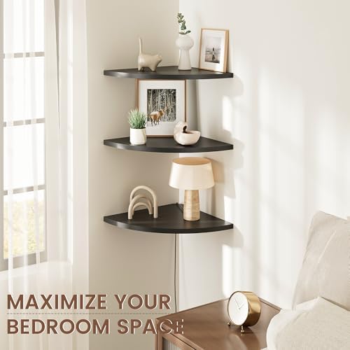 Venusmiles Corner Shelf Wall Mount, Engineered Wood Floating Corner Shelves with Cable Hole, Wall Mounted Storage Display for Bathroom, Bedroom, Living Room, Kitchen (12 Inch, Black, 3 Pack)
