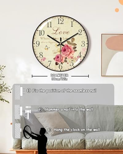 Decorative Wall Clock Battery Operated, 12-Inch Retro Vintage Floral Butterfly Pattern, Glass Dial, Silent Non-Ticking, Roman Numerals, for Living Room Bedroom Office