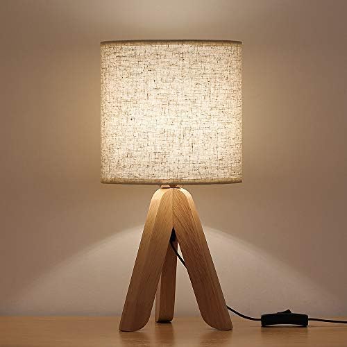 HAITRAL Small Bedside Table Lamp - Wooden Tripod Nightstand Lamp