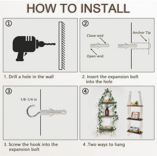 Hanging Shelf with Vine Lights(USB Powered), Macrame Shelf, Wall Shelf with Handmade Ropes, 3 Tier Floating Shelf, Boho Room Decor Aesthetic for Succulents, Bedroom, Living Room, Bathroom