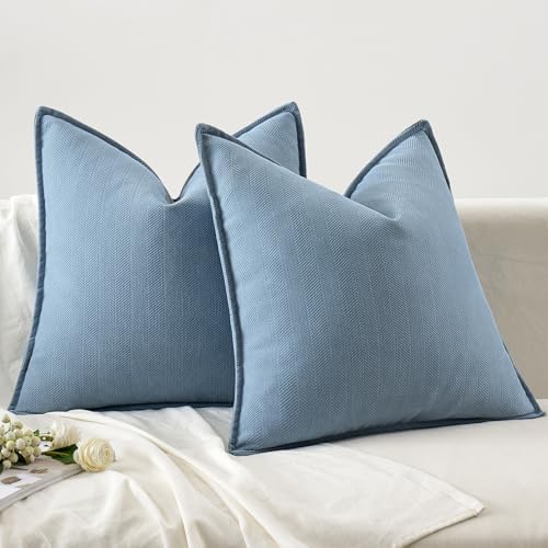 MIULEE Pack of 2 Light Blue Euro Shams Chenille Pillow Covers 22x22 Inch