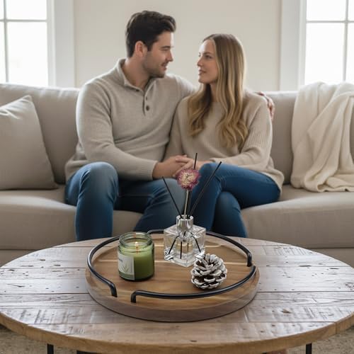 Round Wooden Serving Tray - Rustic Style Decorative Tray for Coffee Table, Living Room, Vanity - Acacia Wood Tray with Handles - Housewarming Gift - 12 Inches (Diameter)