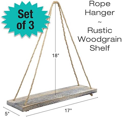 EXCELLO GLOBAL PRODUCTS Rustic Distressed Wood Hanging Shelves: 17-Inch with Swing Rope Floating Shelves (Whitewashed - Pack of 3)