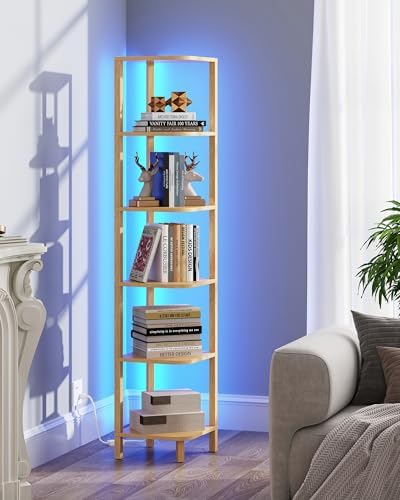 TUTOTAK Corner Shelf with LED Light, 6-Tier Corner Bookshelf