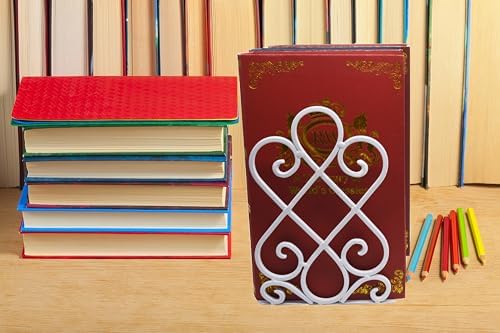 White Metal Bookends, Heavy Duty Book Stoppers for Shelves, Vintage Decorative Book Holders for Home Office Desk, Non-Slip Book Ends for Library Classroom, Set of 2 with Pads