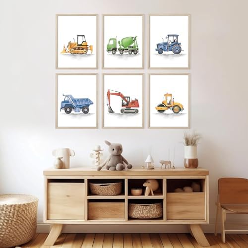 Boys Truck Wall Art Set of 6 Truck Vehicle Canvas Wall Decor Toddler Construction Wall Art Watercolor Playroom Kids Pictures Prints Nursery Artwork for Room Bedroom 12x16 Inch Wood Framed