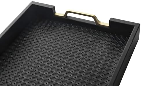 HofferRuffer Faux Leather Rectangle Serving Tray Decor Platter with Gold Metal Handles for Coffee Table, Breakfast, Tea, Food, Countertop, Kitchen, Butler Tray, 16.2 x 12.2 x 2 inches (Classic Black)