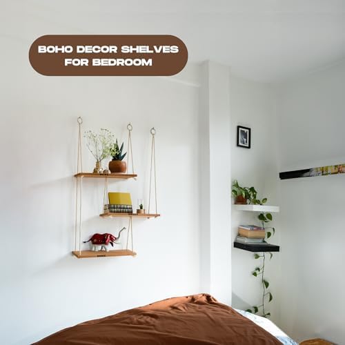Boho Wall Shelves for Plants and Decor - Rope Hanging Shelves for Wall Decor in Living Room, Bedroom, Bathroom | Design Patented | by NWOOD