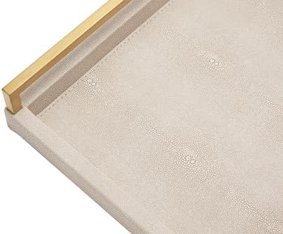 Ivory Shagreen Leather Serving Tray with Gold Handles-17.7x11.8 Inch Large Wooden Decorative Ottoman Tray fro Coffee Table, Kitchen, Dining, and Home Decor (Ivory)