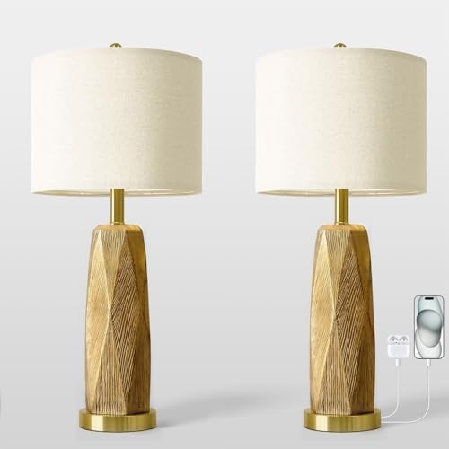 BOBOMOMO 27.5" Gold Table Lamps Set of 2 with USB-A & USB-C Charging Ports, Textured Resin Bedside Lamps with Linen Shade & Rotary Switch, Tall Nightstand Lamps for Bedroom, Living Room Office