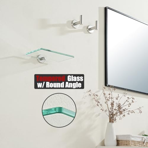 JQK Bathroom Glass Shelf, Tempered Glass Shower Storage 8 by 5 inches, 304 Stainless Steel Brushed Finish Wall Mount, TGS101L8-BN