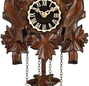 Kintrot Cuckoo Clock, Traditional Black Forest Handcrafted Wooden Quartz Clock for Wall Antique Decroration with Maple Leaf Pendulum, 12 Melodies, Night Sensor and Singing Bird