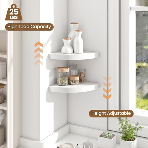 Fun Memories Floating Corner Shelves Set of 2 - Rustic Wood Wall Mounted Storage and Display Shelves for Living Room, Bedroom, Kitchen, Bathroom - Space Saving Home Decor, White