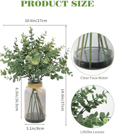 Coferset Fake Eucalyptus Stems in Glass Vase with Faux Water,Gray Vase