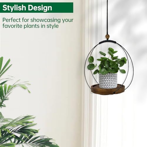 hismocal Hanging Planters for Indoor Plants,Plant Hanger with Sturdy Wood Base,Modern Boho Macrame Plant Hanger,Wall Ceiling Window Stands(Plants/Pots Not Included) (2 Pack-Circle)