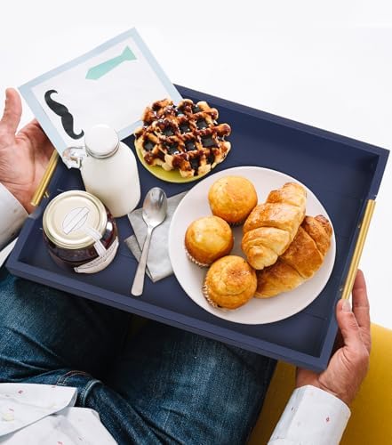 SXNOWS Wooden Serving Tray with 2 Sets of Handles,Navy Blue