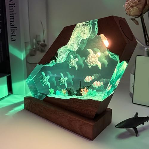 Handmade Turtles Resin Ocean Lamp with Wood Base