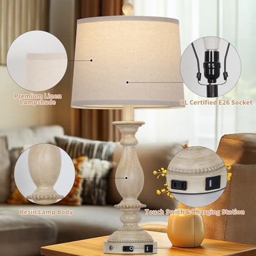 CINSARY 28" Tall Farmhouse Table Lamps for Living Room Set of 2,Vintage Rustic Beige Bedside Touch Lamp with USB C+A Ports & AC Outlet, 3-Way Dimmable Resin Nightstand Lamp for Bedroom Entryway Office