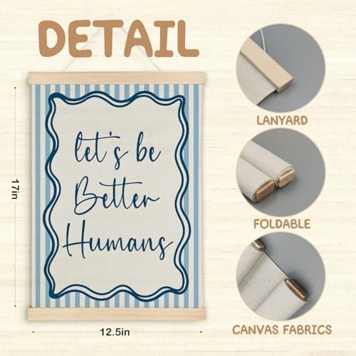 SereneHanctuary Blue Striped Inspirational Wall Art, Motivational Wall Decor, Let's Be Better Humans Positive Quote Poster Hanger Frame for Kids Room Nursery Playroom Home Decor, 12x16 Inch