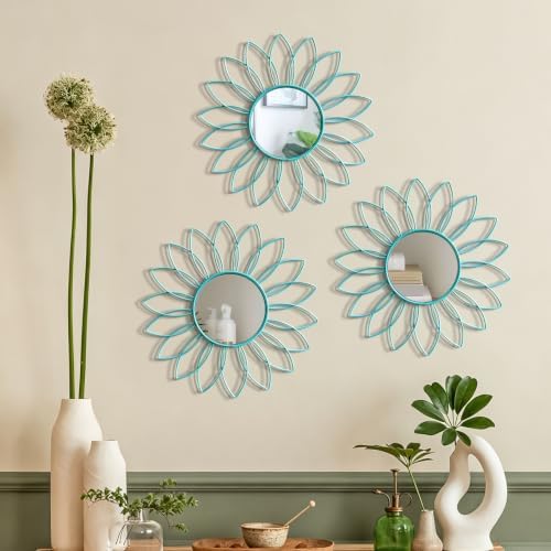 3 Pack Metal Mirrors for Wall Sunburst Wall Mirrors Home Décor Decorative Hanging Wall Art for Living Room Bedroom Entryway (Greenish Blue, Flowers)