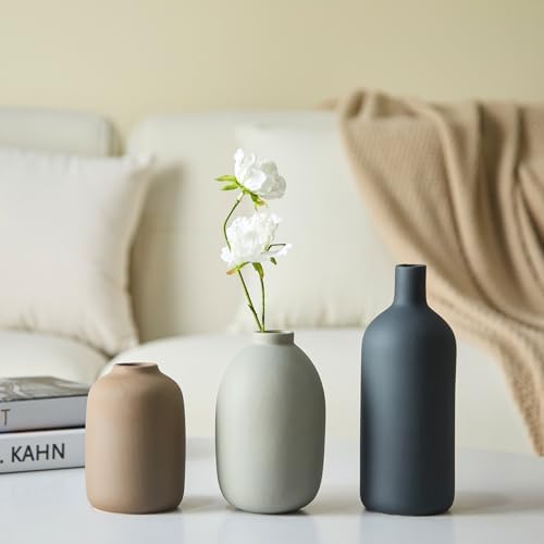 Ceramic Vase Set of 3,Neutral Modern Vases for Bouquet Pampas Grass Dried Fresh Flowers,Rustic Home Decor for Living Room,Bedroom Entryway