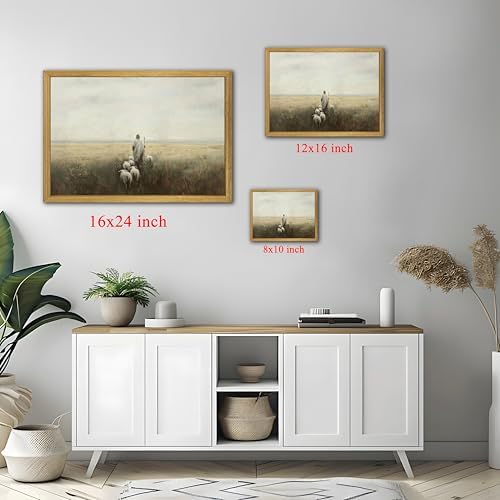 Wood Framed Jesus Wall Art, Christian Canvas Wall Decor, Jesus Leaves the 99 Sheep Poster Print Picture, Lost Lamb Religious Artwork Oil Painting for Living Prayer Room Bedroom 8x10 inch