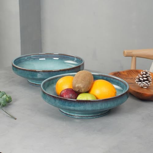 Ceramic Fruit Bowl for Kitchen Counter,Decorative Pedestal Bowl for Table Countertop,Large Footed Serving Bowl,10.2 Inch (Blue)