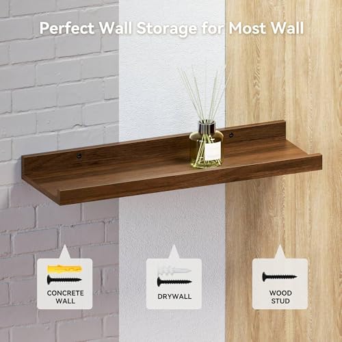 Boswillon Floating Shelves Set of 2, Small Wall Shelf with Lip, 16in, Walnu