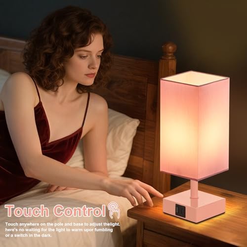 Touch Table Lamp for Bedroom - Dimmable, USB C+A, Pink Lamphade Pink Base