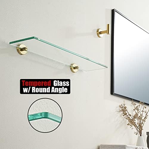 JQK Bathroom Glass Shelf Gold, Tempered Glass Shower Storage 20 by 5 inches, 304 Stainless Steel Brushed Gold Wall Mount, TGS101L20-BG