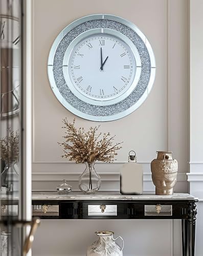 Crushed Diamond Wall Clock: Round Mirrored Clock 23.6 inch Silver