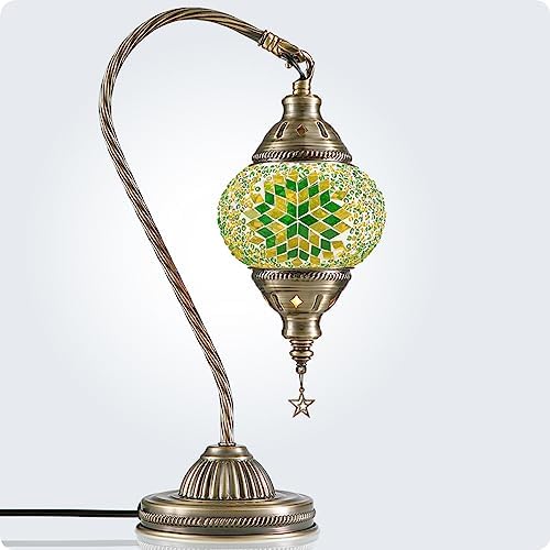 Yarra-Decor Turkish Moroccan Lamp with Bronze Base 3 Color Options Handmade Swan Neck Mosaic Glass Bedside Lamps for Bedroom (LED Bulb Included)(Green2)