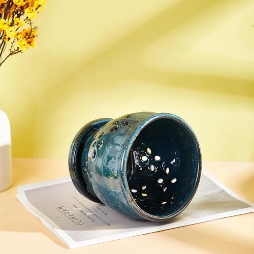 Orchid Pots with Holes Attached Saucers 5.7 Inches - 1 Pcs Small Ceramic Pots for Repotting, Decorative Ceramic Orchid Planter with Hole for Healthy Root Growth Bule