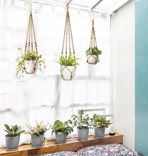 Mkono 3 Pack Macrame Plant Hangers Hanging Planters for Indoor Plants Brown
