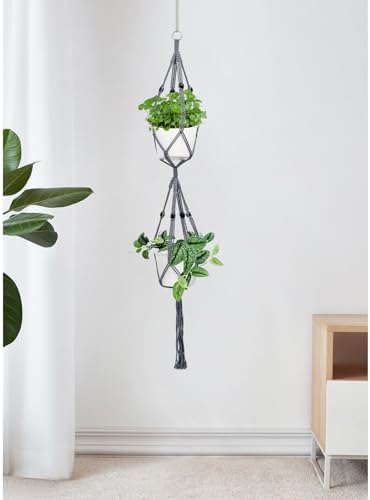 Belit 2 Pack Double Macrame Plant Hangers 2 Tier Hanging Planter Basket Decorative Flower Pot Holder Rope for Indoor Outdoor Home Decor 51 Inch, Grey