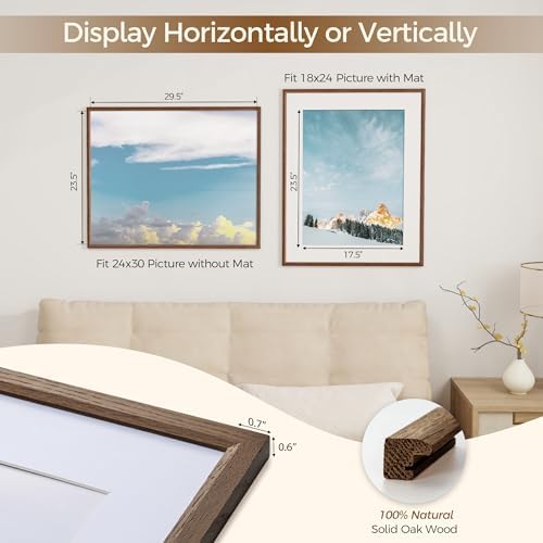Fun Memories 24x30 Poster Frame, Solid Oak Wood Picture Frames, Modern Photo Frame for Wall 24x30 with 18x24 Mat, High Definition Plexiglass & Wall Hook Included (Walnut, 2 Pack)