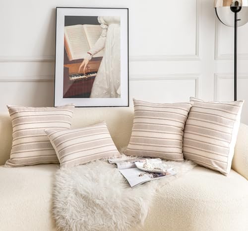 Cethom Decorative Boho Throw Pillow Covers, Farmhouse Textured Pillow Case, 18 x 18 Inch Set of 2, Chair Sofa Bedroom Living Room Home Decor Couch Cushion Case, Taupe and Beige Striped