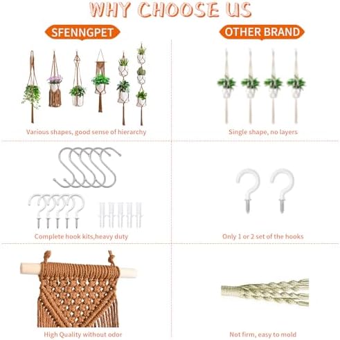SFENNGPET Macrame Plant Hangers, 6Pack Hanging Planters for Indoor Plants