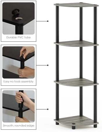 Furinno TURN-N-TUBE Corner Shelf, 4-Tier Corner Bookshelf, Display Storage Shelves with Open Shelves, for Organization and Storage, Living Room, Home Office, Garage, French Oak