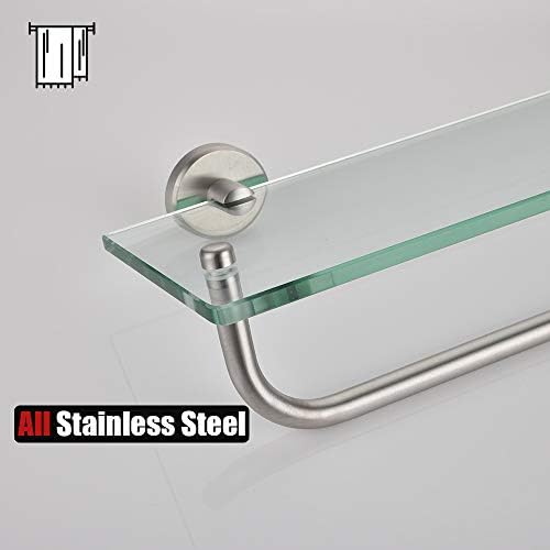 JQK Bathroom Glass Shelf, Shelf with 15 Inch Towel Bar Tempered Glass Shower Storage 16 by 5 inches, 304 Stainless Steel Brushed Finish Wall Mount, TGS100-BN