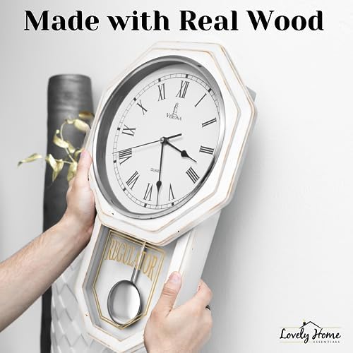 Pendulum Wall Clock, Real Wood Regulator Clock, White, Quiet Non-Chiming