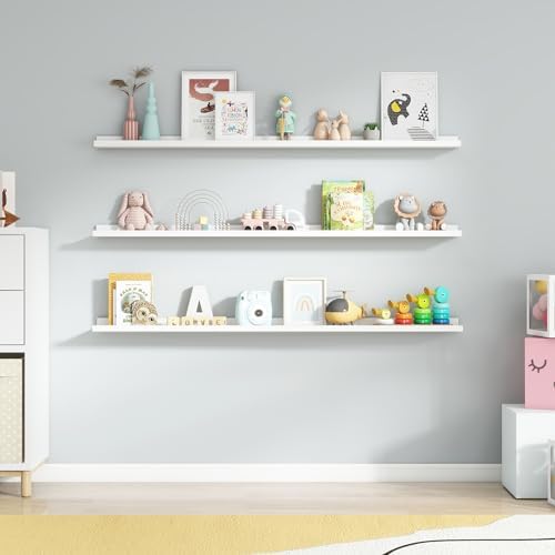 Axeman Picture Ledge Shelf, 55 Inch White Floating Shelves Set of 3
