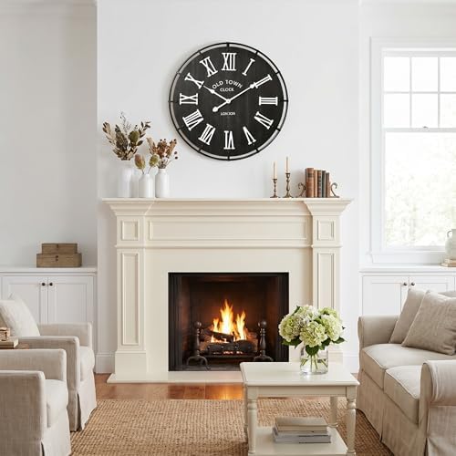EMAX HOME 24 Inch Vintage London Style Wall Clock, Black Wood Grain Background with White Roman Numerals, Rustic Metal Frame, Silent Non-Ticking Clock for Fireplace Mantel, Entryway, or Dining Area.