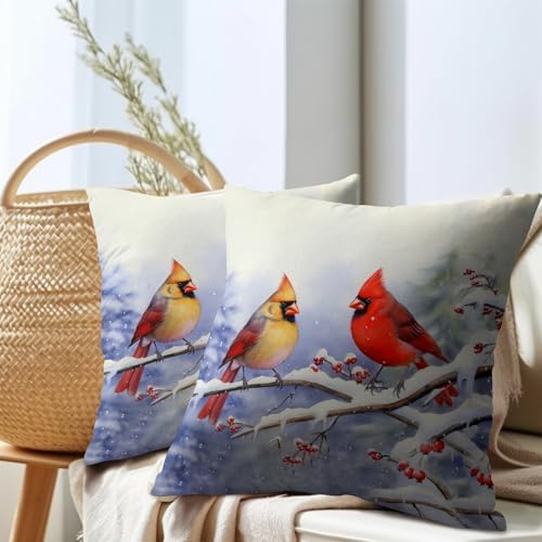 Cardinal Birds Throw Pillow Cover Winter Sweet Bird Pillowcase 24x24 Inch Set of 2 Christmas Holiday Cushion Covers for Home Patio Sofa Bedroom Decor